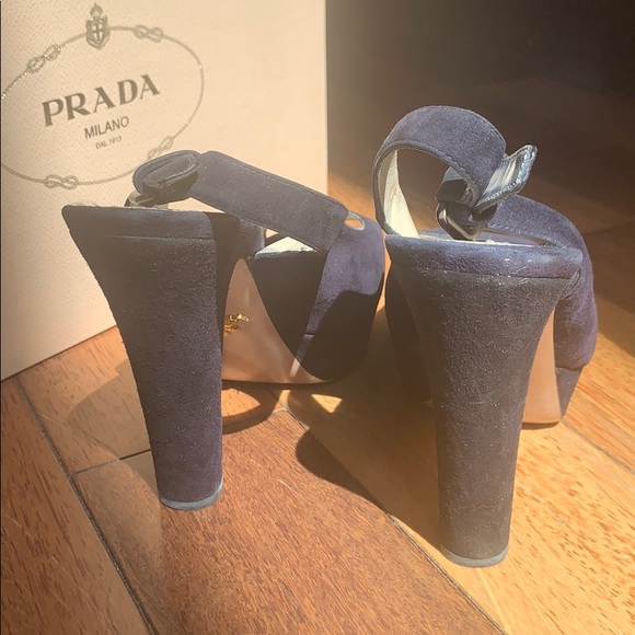 Prada | Peep Toe Slingback Sandals Navy Suede 37 - Picture 4 of 6